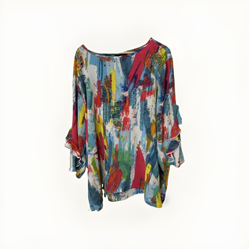 Ali Miles Blouse Women 3X Multicolor Abstract Print Ruffle Sleeve Scoop Neck Top